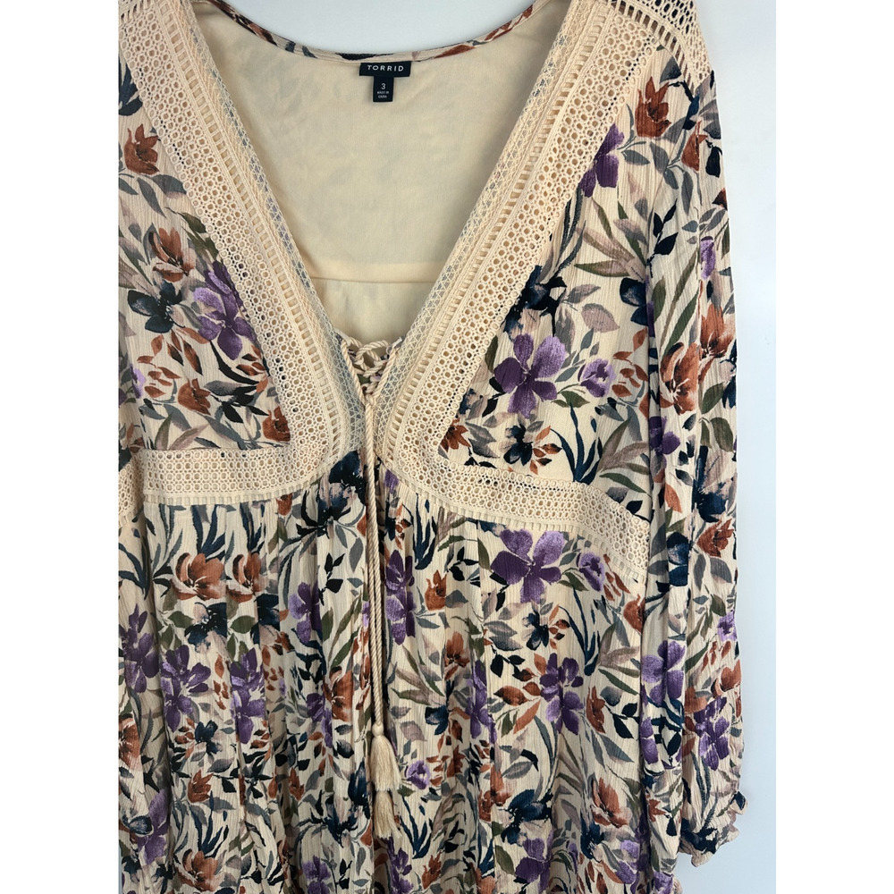 Torrid Mini Gauze Lace-Up Skater Dress Bell Sleeve Floral Plus Size 3 3X Boho - Picture 7 of 16